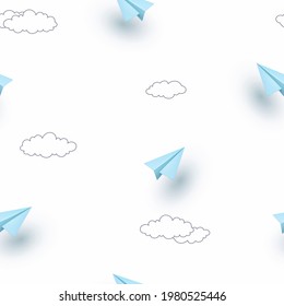 Planes with drawing clouds seamless pattern. Paper flying airplanes on white sky background. Vector 3d blue aeroplanes for Happy Father's greeting card or freedom flight design