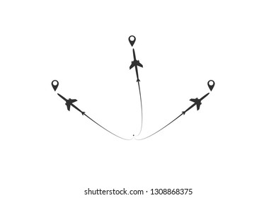 The planes flies on the line. Tourism and travel. The waypoint is intended for a tourist trip. and his track on a white background. Vector illustration