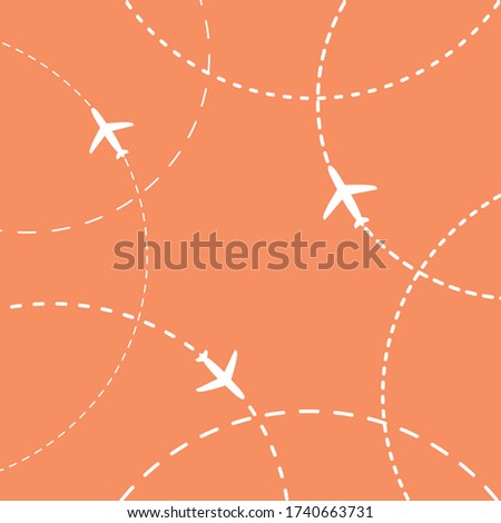 Planes fly along curved dashed lines on a orange background. Airplanes on dotted lines isolated vector 