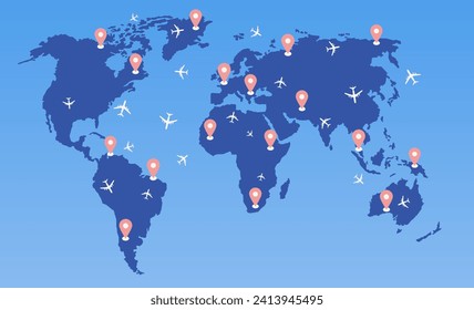 Planes fly around in different countries of the world. Aircraft silhouettes. Vector illustration. EPS 10.