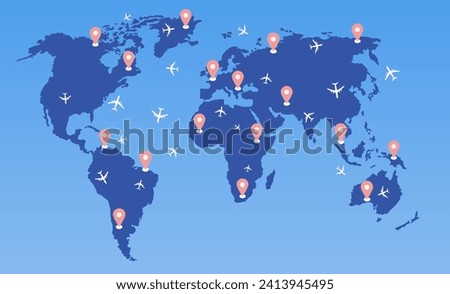 Planes fly around in different countries of the world. Aircraft silhouettes. Vector illustration. EPS 10.