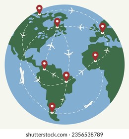 Planes fly around the planet Earth. Airplane silhouette. Vector illustration. Flat design. EPS 10.