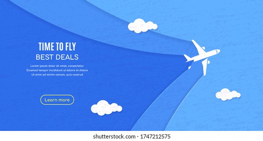 Planes flying above the clouds over blue textured background, flat style illustration, banner for business, website etc., traveling, vacation, around the world concept