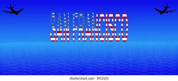 planes flying across sea to San Francisco illustration