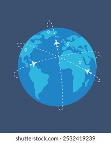 Planes flying around the globe stock illustration. Intercontinental passenger flights stock illustration