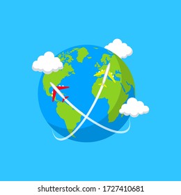 Planes flying around planet Earth. Vector illustration. Flat design.