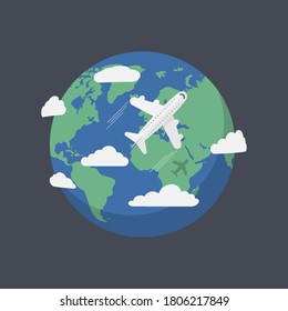 Aviones volando alrededor del planeta Tierra aislados en fondo blanco. Ilustración vectorial. Eps 10.