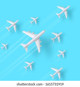 Planes are flying on blue background. Set of realistic 3d airplanes with trail of smoke and shadow. Vector illustration, eps10.