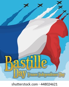 Planes flying in the sky making a smoke France flag with it's colors: blue, white and red for Bastille Day celebration.