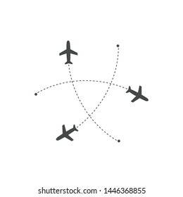 Planes flying with trace in different directions in a circle from one point. Airport abstract map. Departure icon. Flat black silhouette vector illustration on white background.