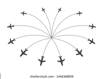 Aviones que vuelan con trazas en diferentes direcciones en un círculo desde un punto. Mapa abstracto del aeropuerto. Icono de salida. Ilustración vectorial de silueta negra plana sobre fondo blanco.