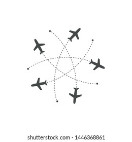 Planes flying with trace in different directions in a circle from one point. Airport abstract map. Departure icon. Flat black silhouette vector illustration on white background.