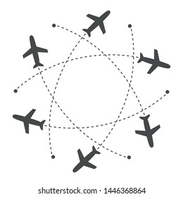 Aviones volando con rastros en diferentes direcciones en un círculo desde un punto. Mapa abstracto del aeropuerto. Icono de salida. Ilustración vectorial de silueta negra plana sobre fondo blanco.