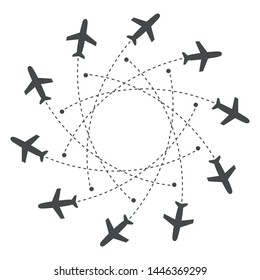 Planes flying with trace in different directions in a circle from one point. Airport abstract map. Departure icon. Flat black silhouette vector illustration on white background.