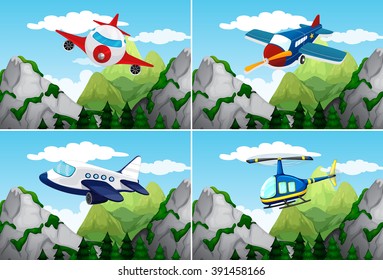 Planes and helicopter flying over the mountains illustration