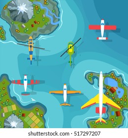 Planes and helicopters flying over the islands and sea, vector illustration. Air transport set