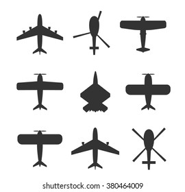 Planes and helicopters icons set. Planes icons, helicopters symbols. Pictogram collection. Planes and helicopters silhouettes 