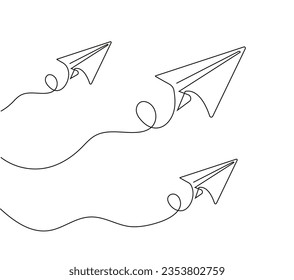 Planen Symbol stetigen Stil, mit Fliegenweg Vektorgrafik. Doodle-Nachrichten, SMS, E-Mail-Symbole. Briefumrissstil der Illustration. Papierflieger in handgezeichnet. Rahmenpapierflugzeuge.  