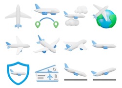 Planes Icon Set. Air Travel, Flying On A Passenger Plane. Isolated 3d Icons, Objects On A Transparent Background