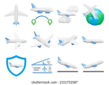 Conjunto de iconos Planes. Viaje aéreo, volando en un avión de pasajeros. Iconos 3d aislados, objetos sobre un fondo transparente