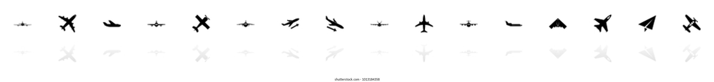 Planes icons - Black horizontal Illustration symbol on White Background with a mirror Shadow reflection. Flat Vector Icon.