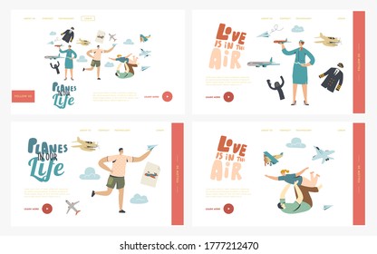 Conjunto de plantillas de la página de aterrizaje de aviones. Carácter masculino con avión de papel en mano. Adulto jugando con niño, azafatas, azafata, azafata de vuelo, albergue en uniforme. Ilustración de vectores de personas lineales