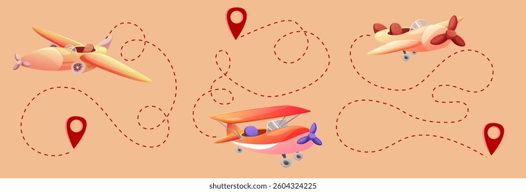 Planes and location pins connected by dotted lines. Air travel routes or delivery logistics concept. Aircraft toys flying between map points. transportation, navigation or shipping services design.