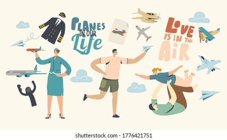 Planes in our Life Concept. Adult Man Playing with Child, Male Character Run with Paper Airplane in Hand. Stewardess, Flight Attendant, Air Hostess Girl in Uniform. Linear People Vector Illustration
