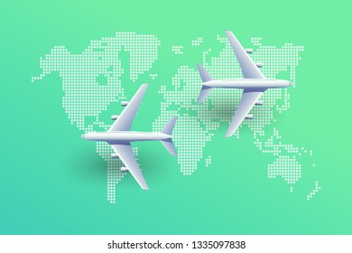 Planes over world map. Airlines top view. Airplane flying above world map.