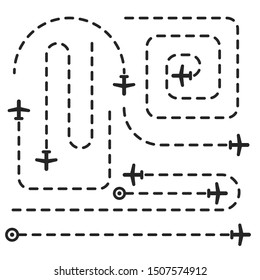 Planes path lines of air planes black and white dotted icons