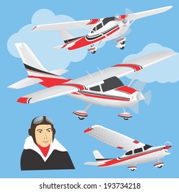 Planes with pilot | Set of planes in different positions and face of a pilot
