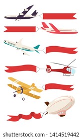 Planes with red ribbon banners. Plane with message isolated on white background. Vector retro style illustration.