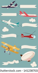 Planes with ribbon banners. Plane with message. Vector retro style illustration.