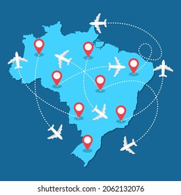 Planes routes flying over Brazil map, tourism and travel concept Illustrations