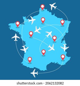 Planes routes flying over France map, tourism and travel concept Illustrations
