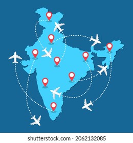 Planes routes flying over India map, tourism and travel concept Illustrations