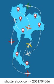 Planes routes flying over Thailand map, tourism and travel concept Illustrations