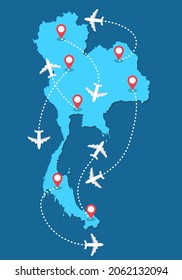 Planes routes flying over Thailand map, tourism and travel concept Illustrations