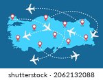 Planes routes flying over Turkey map, tourism and travel concept Illustrations