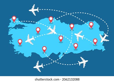 Planes routes flying over Turkey map, tourism and travel concept Illustrations