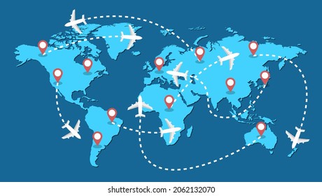 Planes routes flying over world map, tourism and travel concept Illustrations