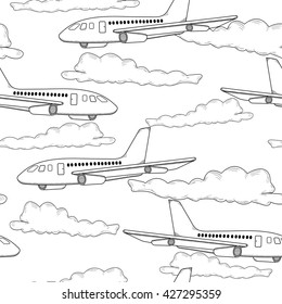 Planes seamless pattern. Monochrome. Air transport. Drawing