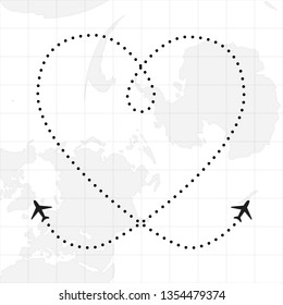 Planes traces in heart shape on map background, love concept