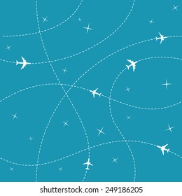 Planes with trajectories and stars on the blue sky seamless vector background