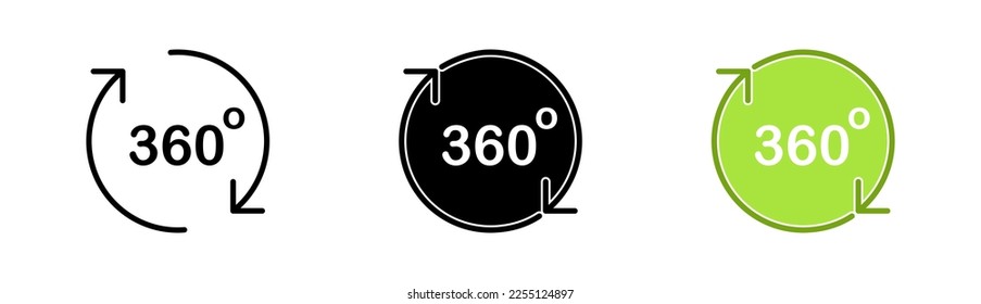 Planeta con icono de 360 set de texto. Realidad virtual. Desarrollo de aplicaciones, 360 grados, flechas, realidad aumentada. Concepto metaverso. Icono de vector en línea, estilo negro y colorido sobre fondo blanco