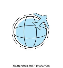 Planet and airplane icon. Vector graphics