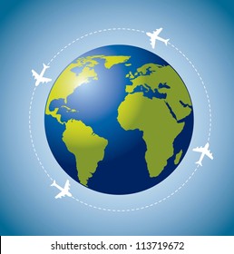 planet with airplanes over blue background. vector illustration