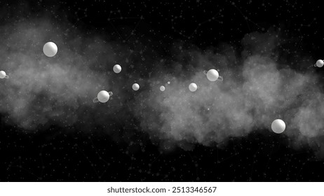 Planet alignment with foggy clouds and constellations in a starry sky. A perfect cosmic scene for space-related designs, digital backgrounds, or astronomical themes.