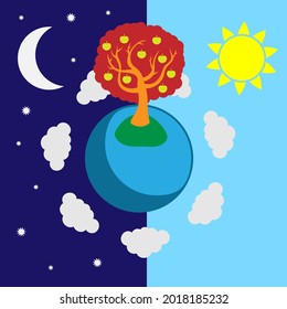 a planet with an apple tree abstraction day and night vector image editable. eps