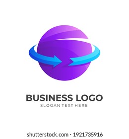 logotipo de la flecha del planeta, planeta y flecha, logotipo combinado con un estilo de color 3d púrpura y azul